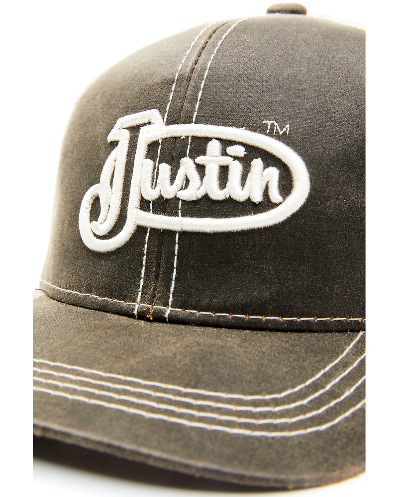 Justin Men's Brown Oilskin Embroidered Logo Mesh-Back Ball Cap