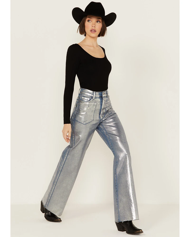 Vibrant Denim Women's Medium Wash Metallic Wide Leg Jeans