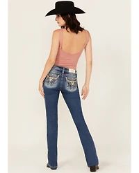 Miss Me Women's Medium Wash Mid Rise Steer Head 34" Bootcut Stretch Denim Jeans
