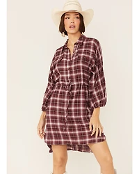 Wild Moss Women's Burgundy Long Sleeve Plaid Shirt Mini Dress