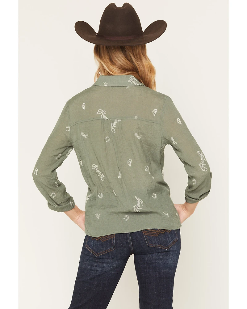 June & Hudson Women's Western Embroidered 3/4 Sleeve Button-Down Shirt
