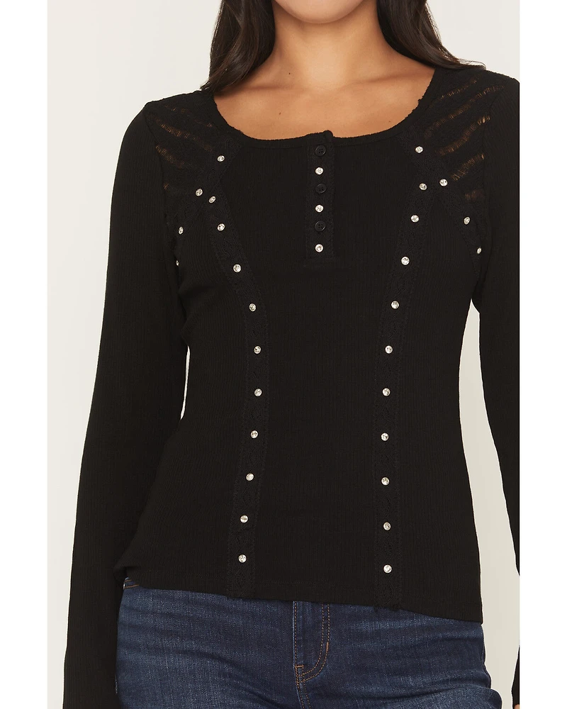 Miss Me Women's Embellished Lace Long Sleeve Shirt