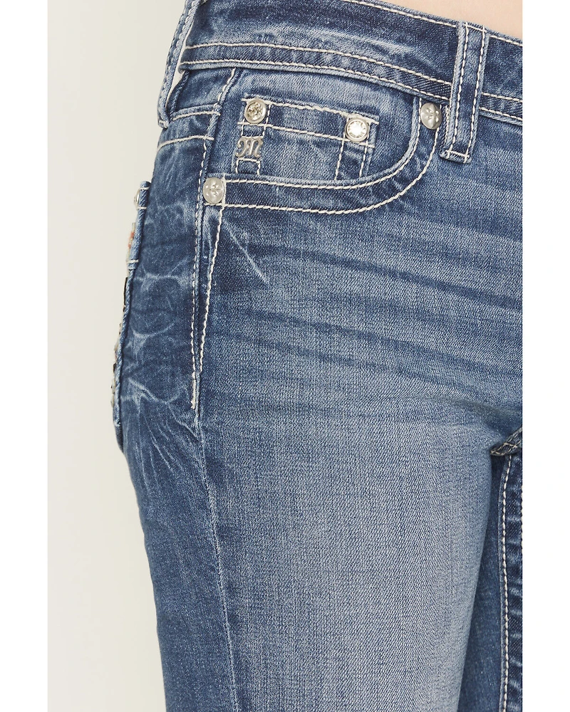 Miss Me Women's Medium Wash Mid Rise Wing Pocket 34" Bootcut Stretch Denim Jeans