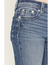 Miss Me Women's Medium Wash Mid Rise Wing Pocket 34" Bootcut Stretch Denim Jeans