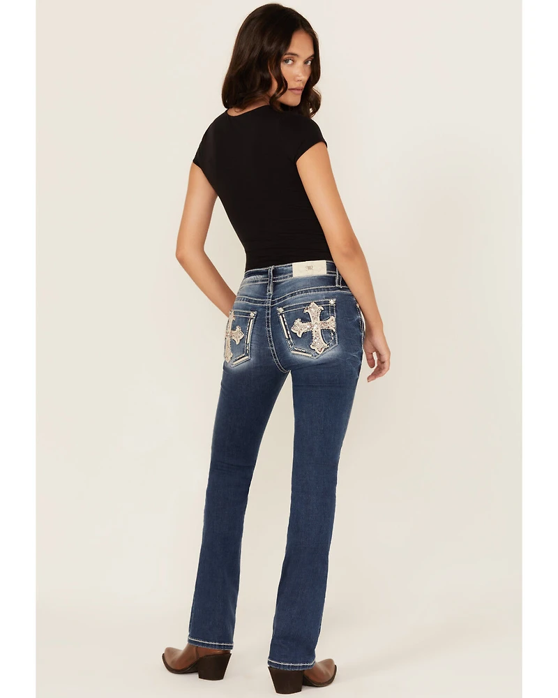 Miss Me Women's Dark Wash Mid Rise Cross Pocket Slim 32" Bootcut Stretch Denim Jeans