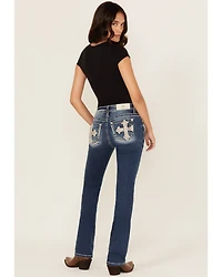 Miss Me Women's Dark Wash Mid Rise Cross Pocket Slim 32" Bootcut Stretch Denim Jeans