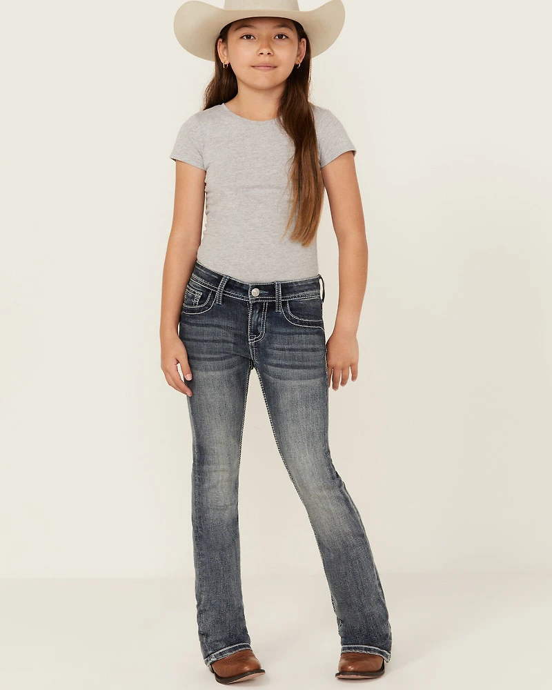 Grace LA Girls' Medium Wash Embroidered Pocket Bootcut Stretch Denim Jeans