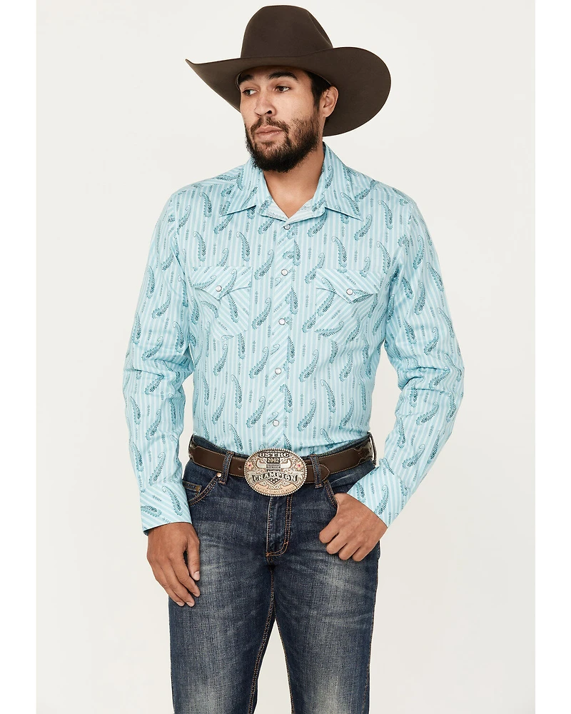 Rock & Roll Denim Men's Paisley Striped Print Long Sleeve Pearl Snap Stretch Western Shirt