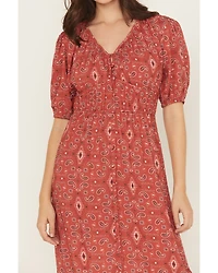 Panhandle Women's Paisley Print Puff Sleeve Midi Dress