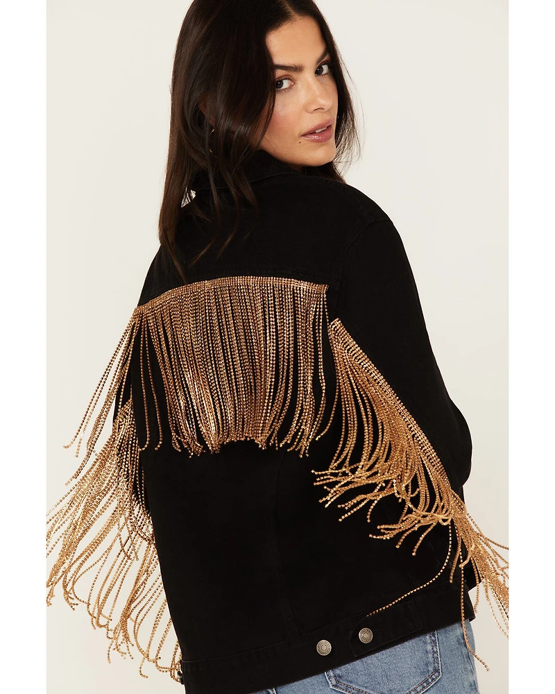 The Harley Jacket by DanielXDiamond: Women's Black Denim with Gold Fringe