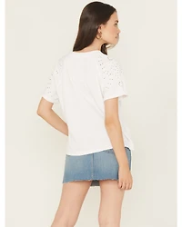 Blended Women's Eyelet Embroidered Short Sleeve Graphic Tee