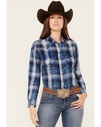 Wrangler Retro Women's Medium Wash Denim Plaid Print Long Sleeve Snap Western Shirt