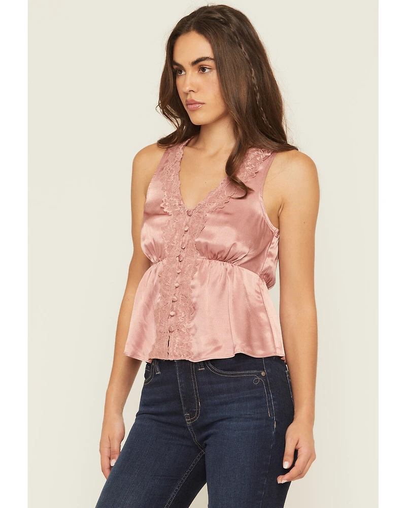 Shyanne Women's Satin Lace Trim Sleeveless Button-Down Tank Top