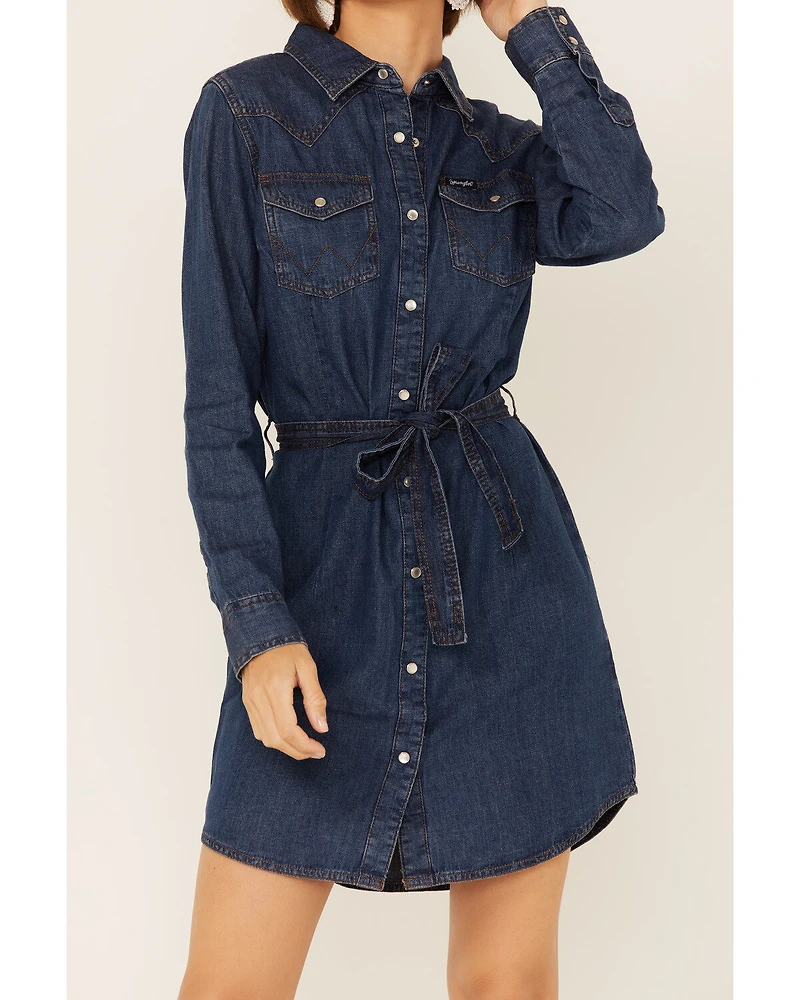 Wrangler Women's Dark Denim Washed Long Sleeve Western Shirt Dress