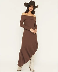 Shyanne Women's Rib Knit Off The Shoulder Long Sleeve Asymmetrical Dress
