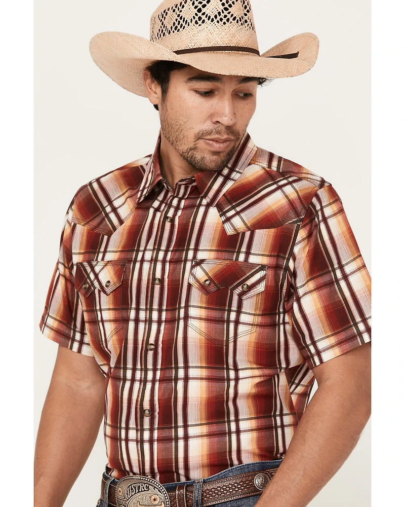 Moonshine Spirit Men's Hound Dog Plaid Print Short Sleeve Snap Western Shirt