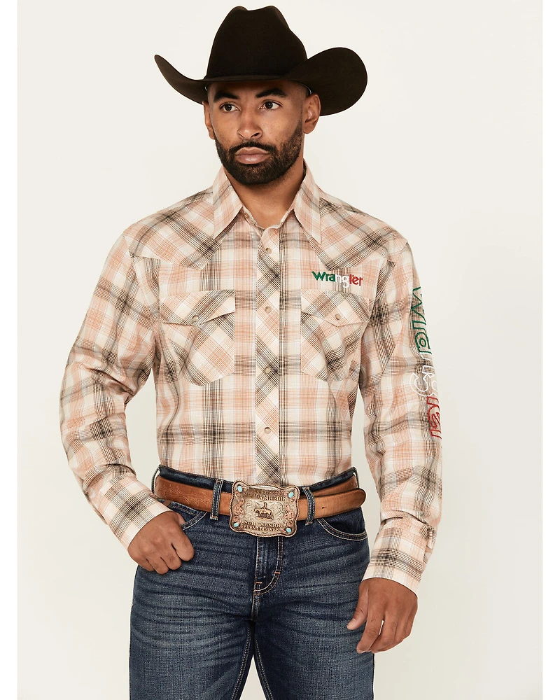 Wrangler Men's Mexico Logo Plaid Print Long Sleeve Snap Western Shirt