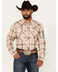 Wrangler Men's Mexico Logo Plaid Print Long Sleeve Snap Western Shirt