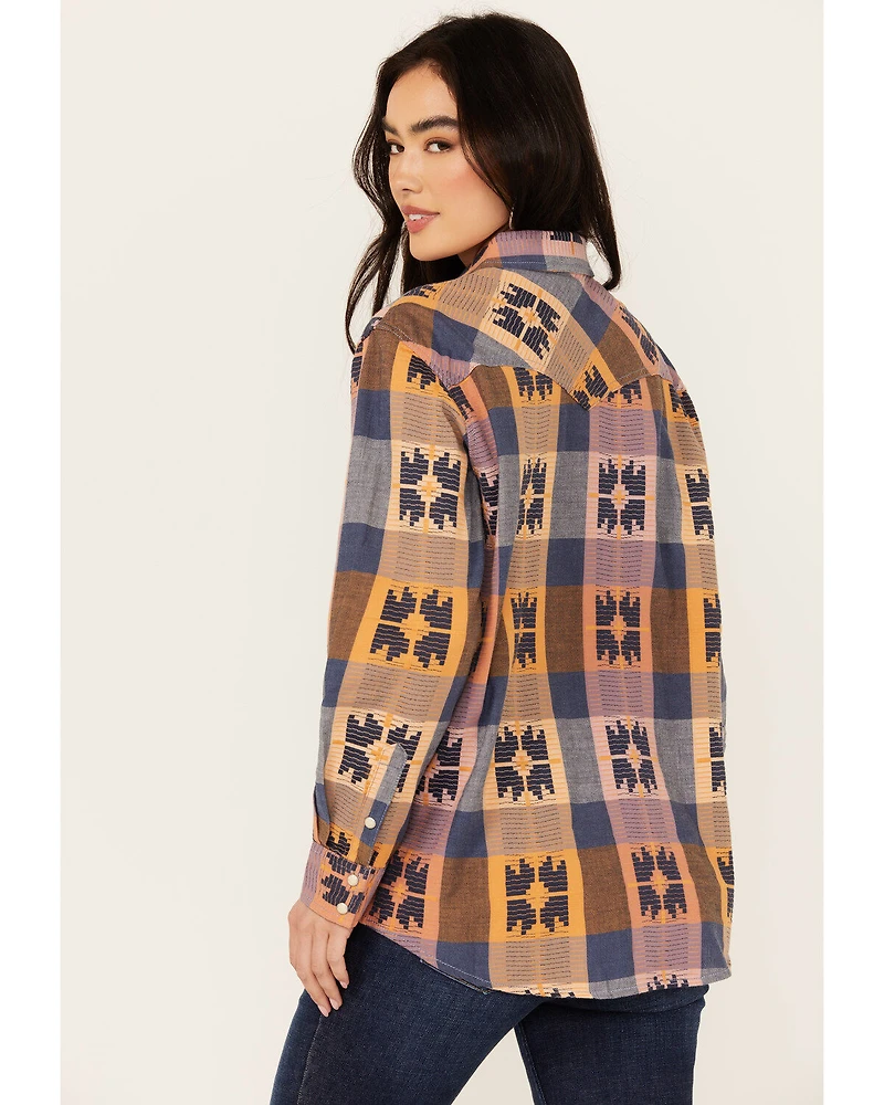 Wrangler Retro Women's Western Vintage Plaid Print Boyfriend Long Sleeve Snap Shirt