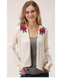 Roper Women's White Floral Embroidered Knit Cardigan