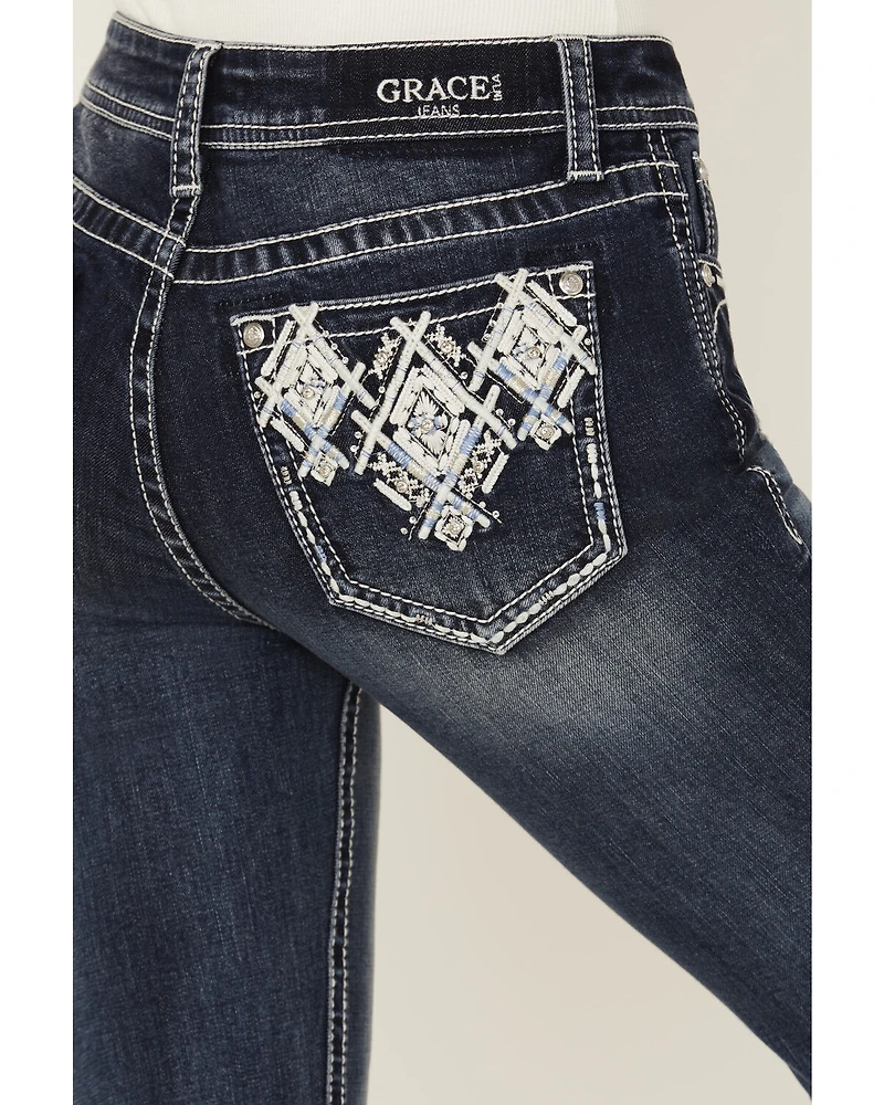 Grace LA Women's Medium Wash Mid Rise Geo Pocket Bootcut Stretch Denim Jeans
