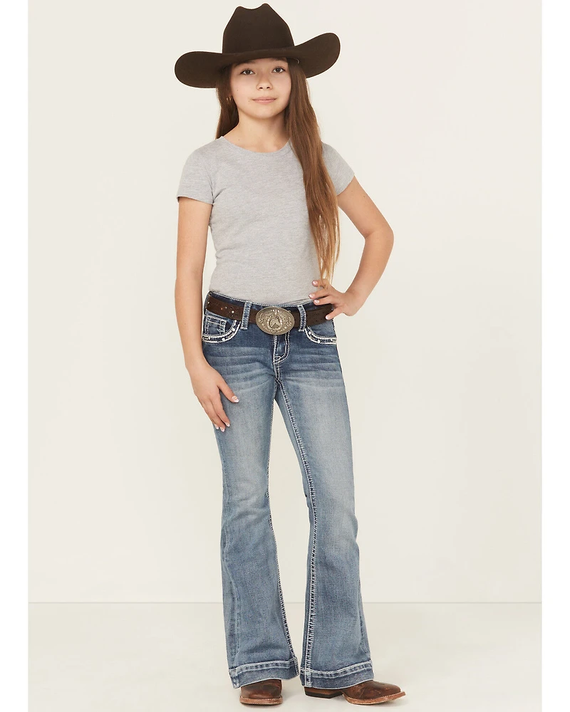 Grace LA Girls' Medium Wash Paisley Pocket Bootcut Stretch Denim Jeans