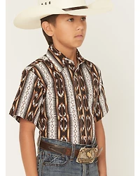 Wrangler Boys' Checotah Southwestern Striped Short Sleeve Pearl Snap Western Shirt