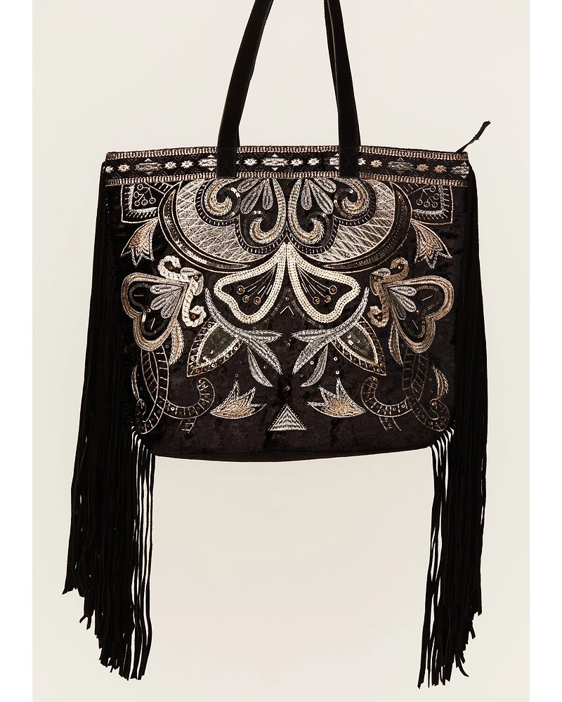 Shyanne Women's Velvet Embroidered Beaded & Fringe Tote