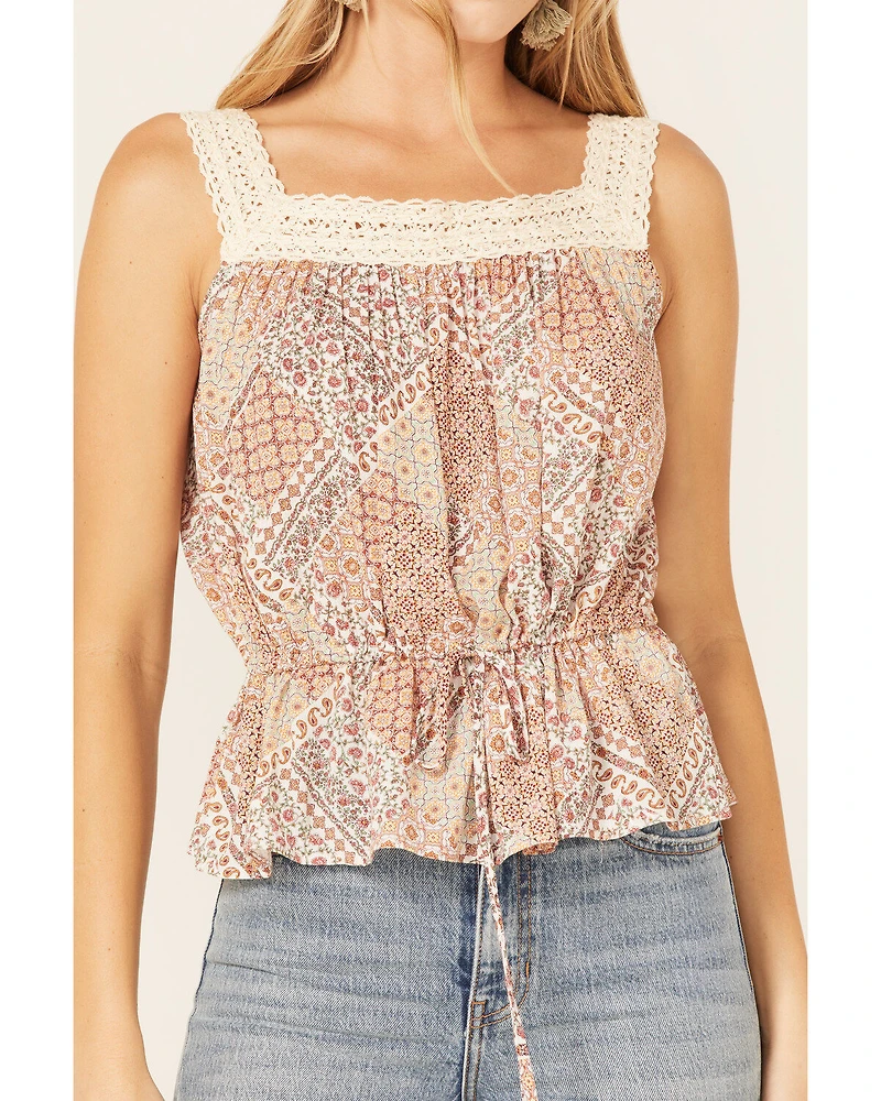 Wild Moss Women's Floral Paisley Patchwork Crochet Tank Top