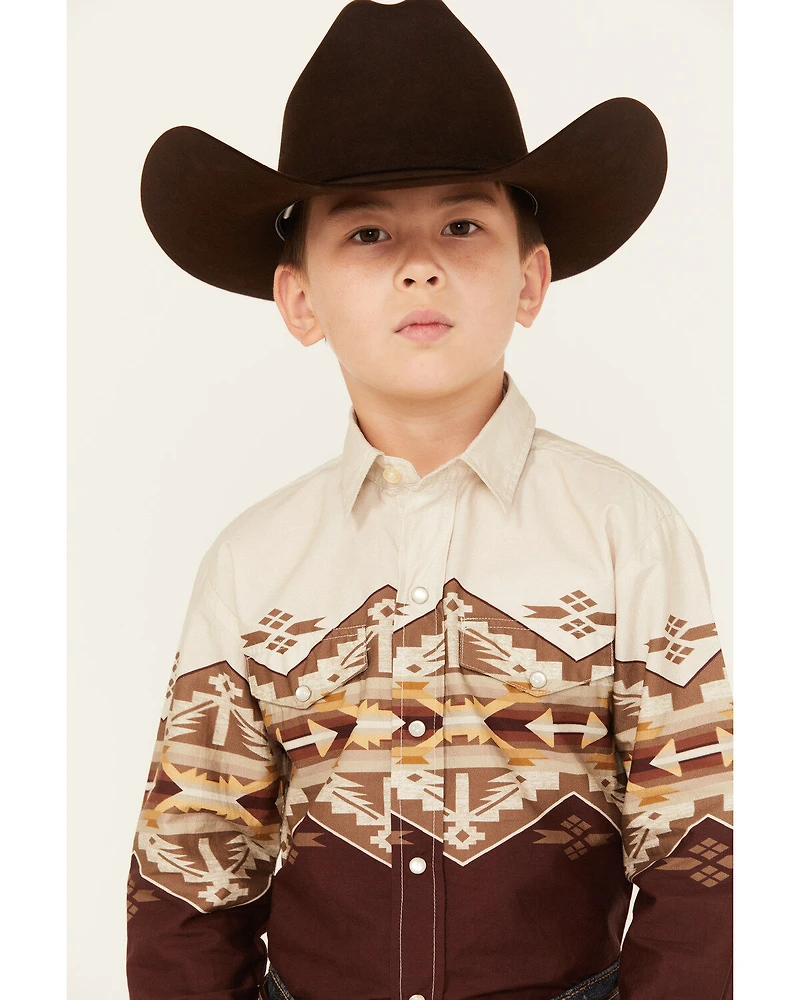 Roper Boys' Southwestern Border Print Long Sleeve Pearl Snap Western Shirt