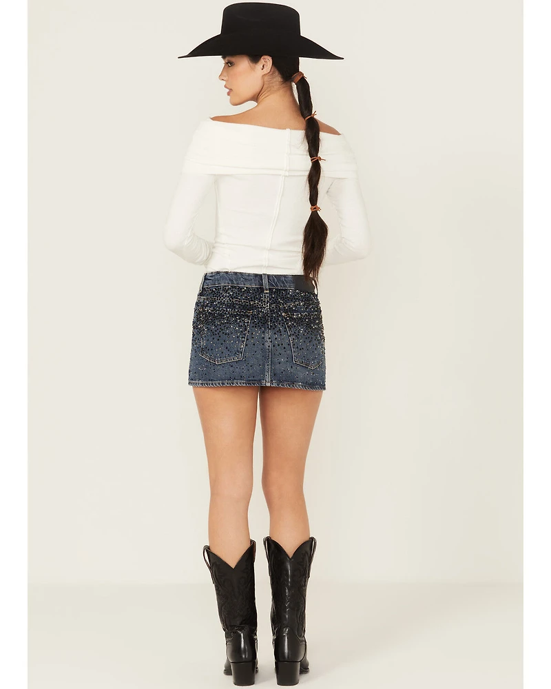 7 For All Mankind Women's Dark Wash Elena Embellished Micro Mini Skirt