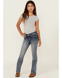 Grace LA Girls' Medium Wash Butterfly Pocket Bootcut Stretch Denim Jeans