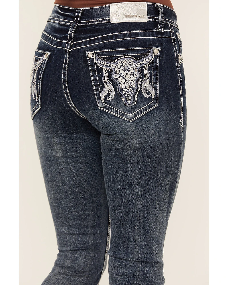 Grace LA Women's Medium Wash Sequin Cow Skull Mid Rise Bootcut Stretch Denim Jeans