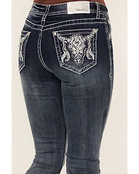 Grace LA Women's Medium Wash Sequin Cow Skull Mid Rise Bootcut Stretch Denim Jeans