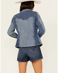 Shyanne Women's Oasis Medium Wash Denim Blocked Comfort Stretch Blazer