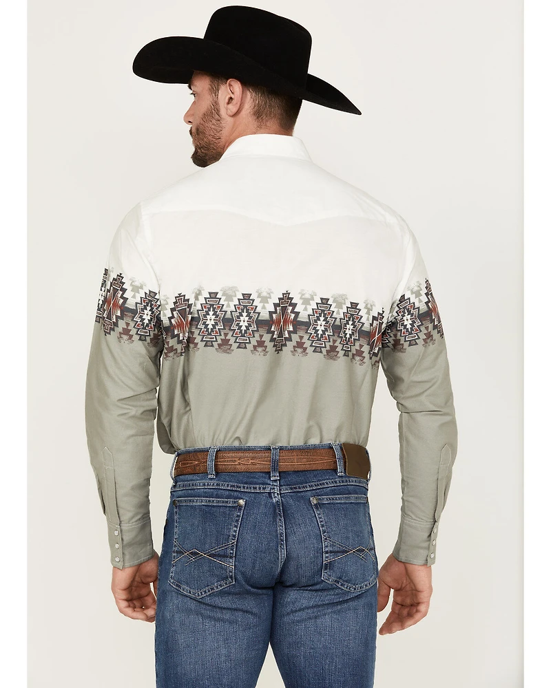 Wrangler Men's Checotah Border Print Long Sleeve Pearl Snap Western Shirt