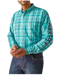 Ariat Men's FR Bobcat Logo Plaid Print Long Sleeve Button-Down Work Shirt