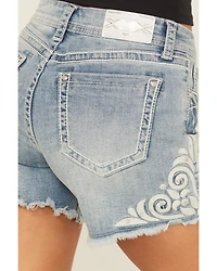 Grace LA Women's Embellished Light Wash Mid Rise Cutoff Stretch Denim Shorts