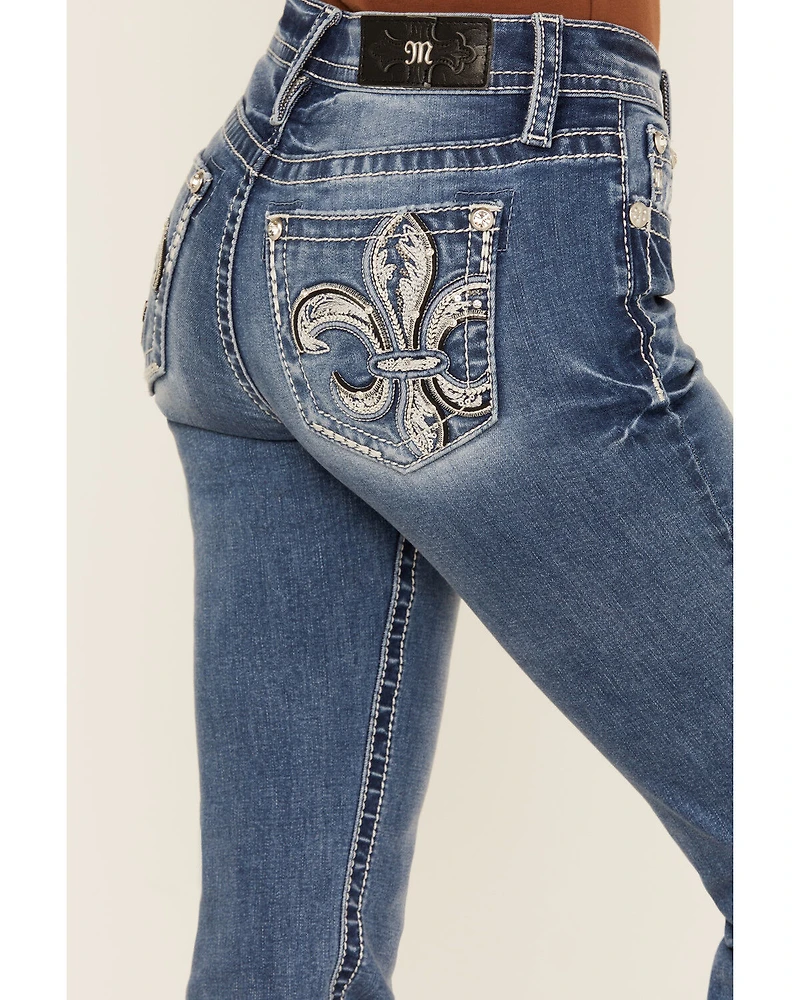Miss Me Women's Medium Wash Mid Rise Fleur de Lis Pocket 32" Bootcut Stretch Denim Jeans