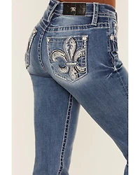 Miss Me Women's Medium Wash Mid Rise Fleur de Lis Pocket 32" Bootcut Stretch Denim Jeans