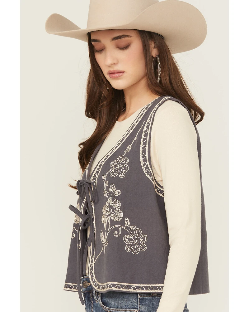 Easel Women's Floral Embroidered Tie-Front Vest