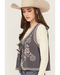 Easel Women's Floral Embroidered Tie-Front Vest