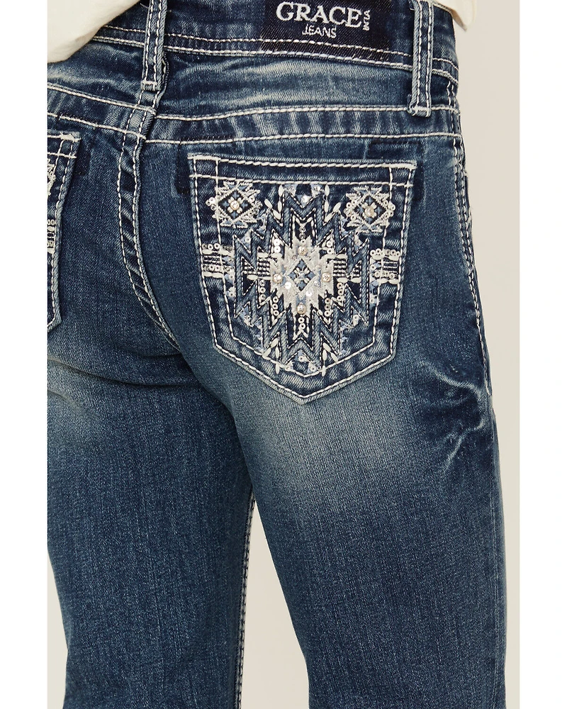 Grace LA Girls' Dark Wash Geo Print Pocket Stretch Bootcut Jeans