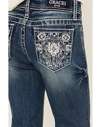 Grace LA Girls' Dark Wash Geo Print Pocket Stretch Bootcut Jeans