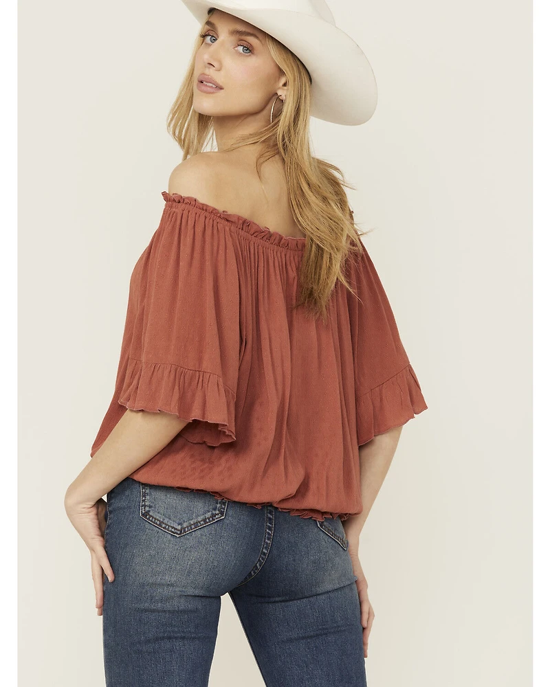 Band Of The Free Women's Solid Short Sleeve Off Shoulder Blouse