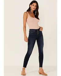 Shyanne Women's High Rise Fringe Hem Front Button Stretch Skinny Jeans