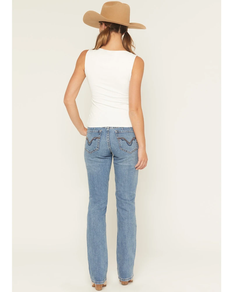 Rock & Roll Denim Women's Medium Wash High Rise Distressed Modest Bootcut Stretch Jeans