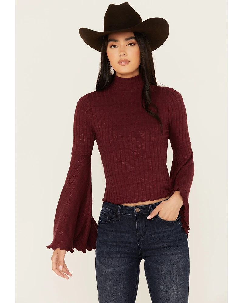 Shyanne Women's Rib Knit Mock Neck Bell Sleeve Top