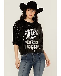 Mainstrip Women's Disco Cowgirl Sequins Short Sleeve Graphic Tee