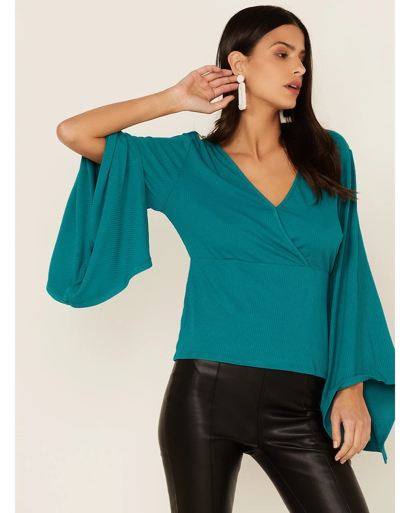 Wrangler Women's Teal Surplice Knit Bell Sleeve Top